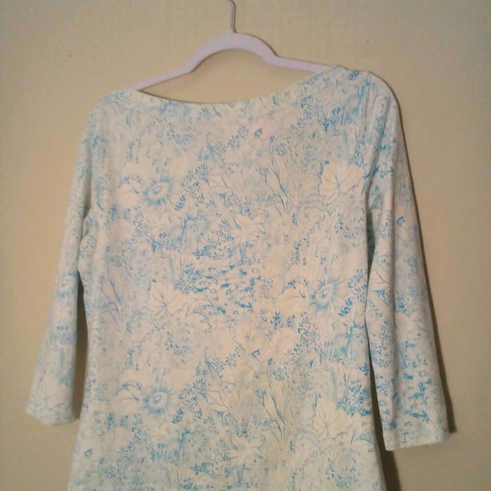Talbots Shirt Women M 3/4 Sleeve Soft Stretch Pattern Blue White - Picture 12 of 15